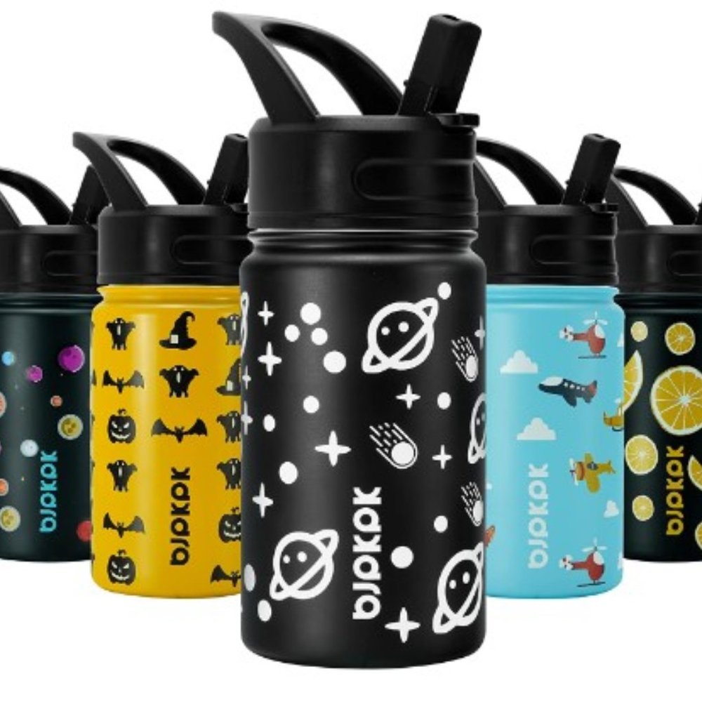 Kids Insulated Stainless Steel Water Bottle w/ Straw Lid - Galaxy Blk/Wht (15oz)